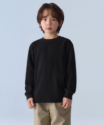 ワッフルリラックスドクルーネック長袖Tシャツ[ブラック]