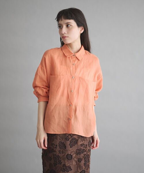 GARAGE OF GOOD CLOTHING(ガレージオブグッドクロージング)の「リネン切り替えポケットショート丈シャツ(シャツ/ブラウス・レディース・ブラウン/オレンジ/オフホワイト・FREE)」の3枚目の写真