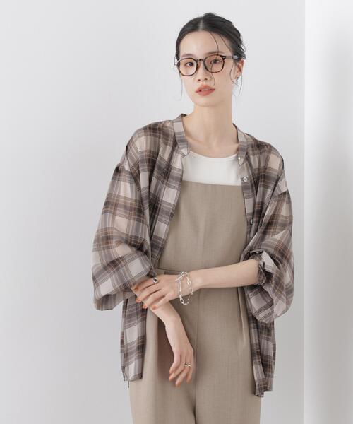 NANO universe（ナノユニバース）の「シアーチェックプリントピンタックスタンドカラーブラウス（シャツ/ブラウス・レディース・ブラック/ベージュ/ネイビー・FREE）」の3枚目の写真