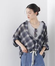NANO universe | シアーチェックプリントピンタックスタンドカラーブラウス(シャツ/ブラウス)