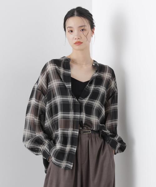 NANO universe（ナノユニバース）の「シアーチェックプリントピンタックスタンドカラーブラウス（シャツ/ブラウス・レディース・ブラック/ベージュ/ネイビー・FREE）」の18枚目の写真