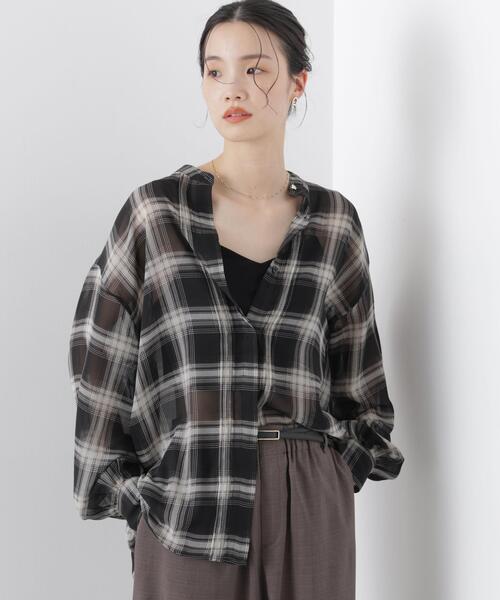 NANO universe（ナノユニバース）の「シアーチェックプリントピンタックスタンドカラーブラウス（シャツ/ブラウス・レディース・ブラック/ベージュ/ネイビー・FREE）」の20枚目の写真