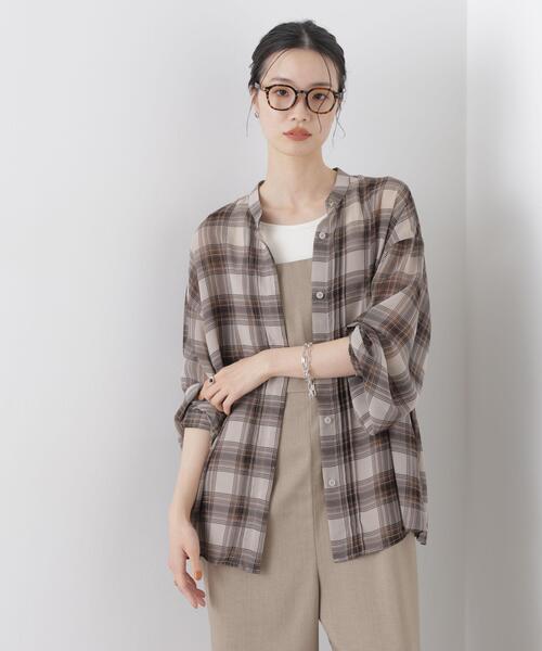 NANO universe（ナノユニバース）の「シアーチェックプリントピンタックスタンドカラーブラウス（シャツ/ブラウス・レディース・ブラック/ベージュ/ネイビー・FREE）」の13枚目の写真