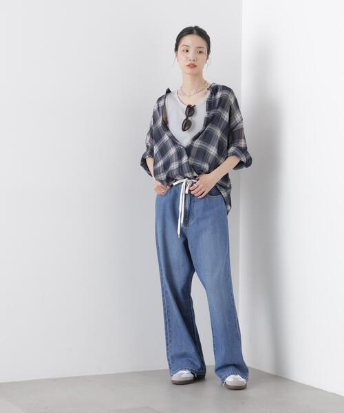 NANO universe（ナノユニバース）の「シアーチェックプリントピンタックスタンドカラーブラウス（シャツ/ブラウス・レディース・ブラック/ベージュ/ネイビー・FREE）」の7枚目の写真