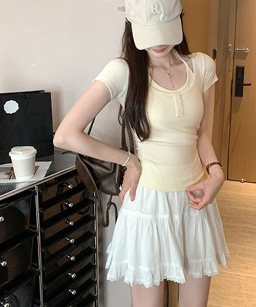 REMUR(レミュール)の「キャミレイヤード風ヘンリーネックTシャツ(Tシャツ/カットソー・レディース・ピンク/グレー/クリーム・FREE)」の9枚目の写真