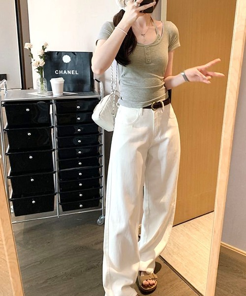 REMUR(レミュール)の「キャミレイヤード風ヘンリーネックTシャツ(Tシャツ/カットソー・レディース・ピンク/グレー/クリーム・FREE)」の7枚目の写真