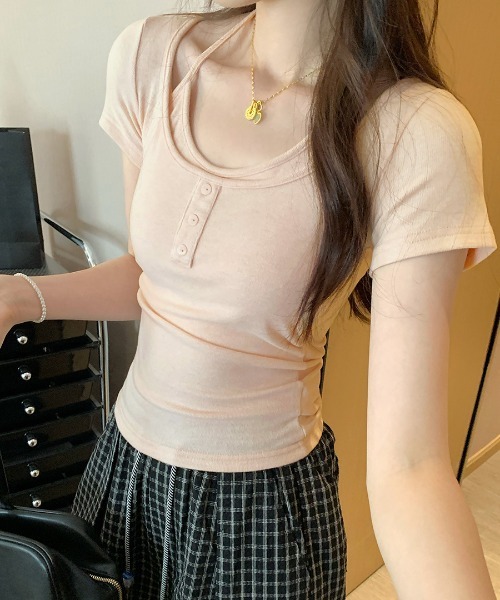 REMUR(レミュール)の「キャミレイヤード風ヘンリーネックTシャツ(Tシャツ/カットソー・レディース・ピンク/グレー/クリーム・FREE)」の14枚目の写真