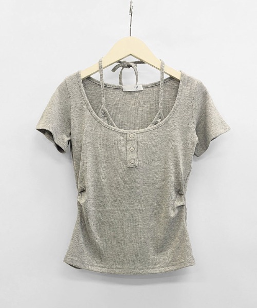 REMUR(レミュール)の「キャミレイヤード風ヘンリーネックTシャツ(Tシャツ/カットソー・レディース・ピンク/グレー/クリーム・FREE)」の16枚目の写真