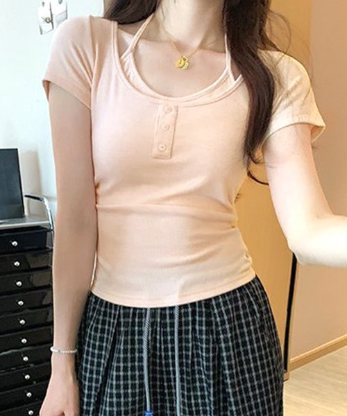REMUR(レミュール)の「キャミレイヤード風ヘンリーネックTシャツ(Tシャツ/カットソー・レディース・ピンク/グレー/クリーム・FREE)」の12枚目の写真