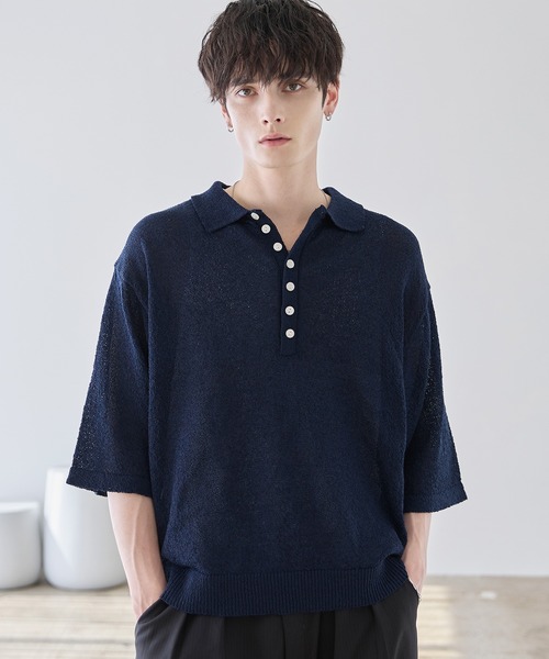 ASTRONOMY(アストロノミー)の「POLO HENLEY BOUCLE SUMMER KNIT(ニット/セーター・メンズ・ネイビー/グレー/ホワイト/ブラック・S/M/L/XL)」の22枚目の写真