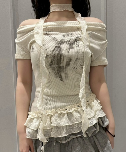 Never mind the XU / Chikashitsu+（ネバーマインド ザ エックスユー / チカシツプラス）の「【nmtc+】Drape Neck Frill Tee Scarf Set / 【エヌエムティーシープラス】ドレープネックフリルスカーフセットTシャツ（Tシャツ/カットソー・レディース・ホワイト/グレー/チャコール・ONE SIZE）」の14枚目の写真