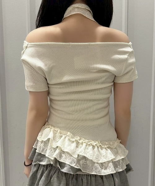 Never mind the XU / Chikashitsu+（ネバーマインド ザ エックスユー / チカシツプラス）の「【nmtc+】Drape Neck Frill Tee Scarf Set / 【エヌエムティーシープラス】ドレープネックフリルスカーフセットTシャツ（Tシャツ/カットソー・レディース・ホワイト/グレー/チャコール・ONE SIZE）」の17枚目の写真