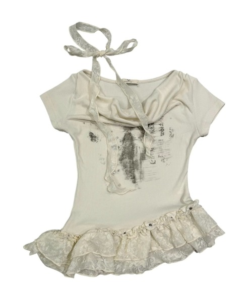 Never mind the XU / Chikashitsu+（ネバーマインド ザ エックスユー / チカシツプラス）の「【nmtc+】Drape Neck Frill Tee Scarf Set / 【エヌエムティーシープラス】ドレープネックフリルスカーフセットTシャツ（Tシャツ/カットソー・レディース・ホワイト/グレー/チャコール・ONE SIZE）」の18枚目の写真
