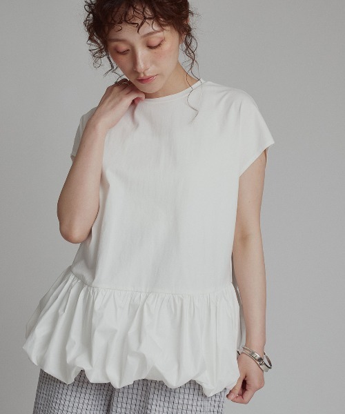 W:Huku（フーク）の「ドッキング バルーン ペプラム Tシャツ トップス / ノースリーブ フレンチスリーブ  袖なし/ Docked Balloon Peplum Tops（Tシャツ/カットソー・レディース・ブラック/オフホワイト・FREE）」の4枚目の写真