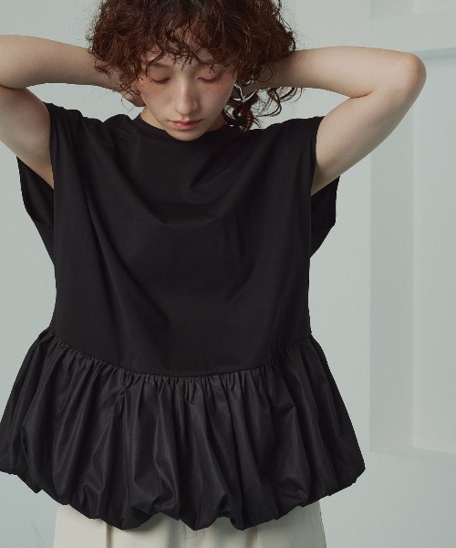 W:Huku（フーク）の「ドッキング バルーン ペプラム Tシャツ トップス / ノースリーブ フレンチスリーブ  袖なし/ Docked Balloon Peplum Tops（Tシャツ/カットソー・レディース・ブラック/オフホワイト・FREE）」の12枚目の写真
