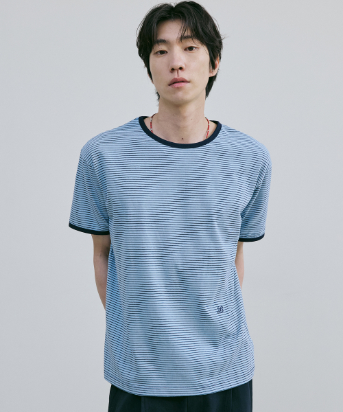BER DE NOIR(ベールドノワール)の「パインストライプリンガーTシャツ(ブルー)(Tシャツ/カットソー・メンズ・その他・SMALL/MEDIUM/LARGE)」の1枚目の写真