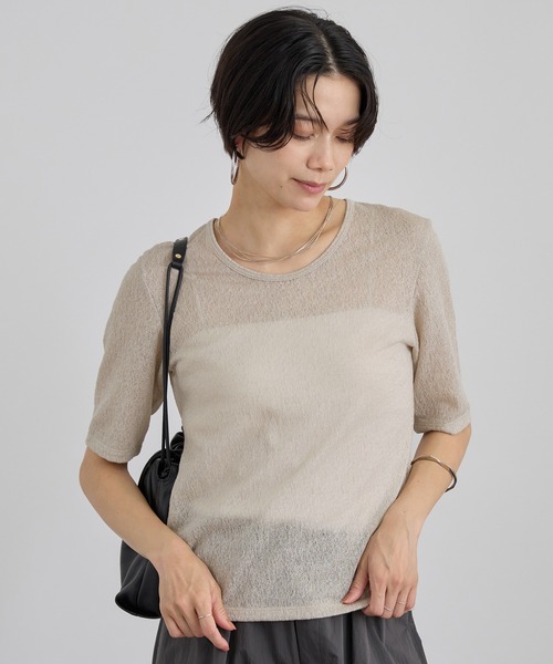 SALON adam et rope'（サロン アダム エ ロペ）の「コットンレーシージャガードハーフスリーブTシャツ（Tシャツ/カットソー・レディース・グレー系その他/ブラウン/ピンク・FREE）」の4枚目の写真