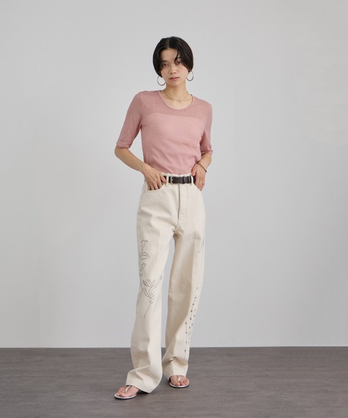 SALON adam et rope'（サロン アダム エ ロペ）の「コットンレーシージャガードハーフスリーブTシャツ（Tシャツ/カットソー・レディース・グレー系その他/ブラウン/ピンク・FREE）」の8枚目の写真