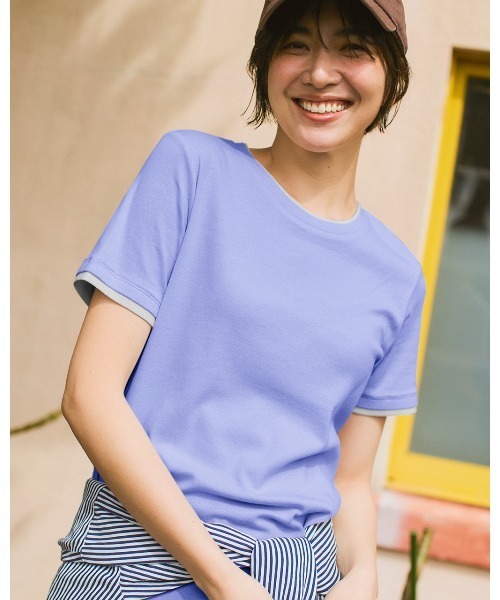 DoCLASSE( ドゥクラッセ)の「コットンガーゼ・配色クルーネック/半袖(Tシャツ/カットソー・レディース・パープル/レッド/ライトグリーン/イエロー/モカ/ブラック/ライトグレー/ダークネイビー・LL/3L/L/M/S)」の6枚目の写真