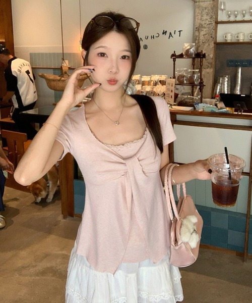 Girly Doll(ガーリードール)の「レイヤード風リボン半袖カットソー(Tシャツ/カットソー・レディース・ベージュ/ピンク/グレー・XL/L)」の10枚目の写真
