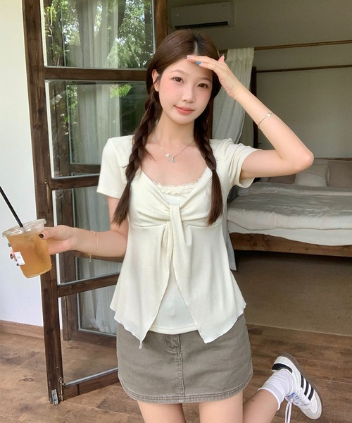 Girly Doll(ガーリードール)の「レイヤード風リボン半袖カットソー(Tシャツ/カットソー・レディース・ベージュ/ピンク/グレー・XL/L)」の12枚目の写真