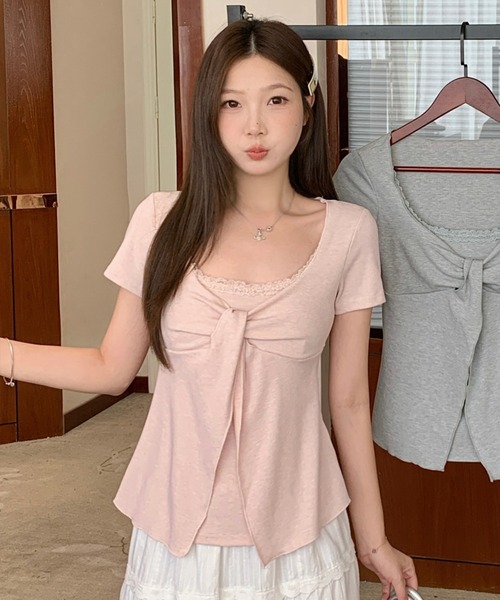 Girly Doll(ガーリードール)の「レイヤード風リボン半袖カットソー(Tシャツ/カットソー・レディース・ベージュ/ピンク/グレー・XL/L)」の11枚目の写真