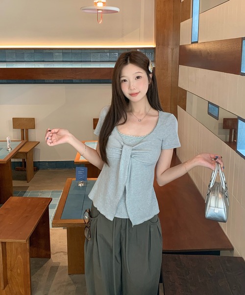 Girly Doll(ガーリードール)の「レイヤード風リボン半袖カットソー(Tシャツ/カットソー・レディース・ベージュ/ピンク/グレー・XL/L)」の6枚目の写真