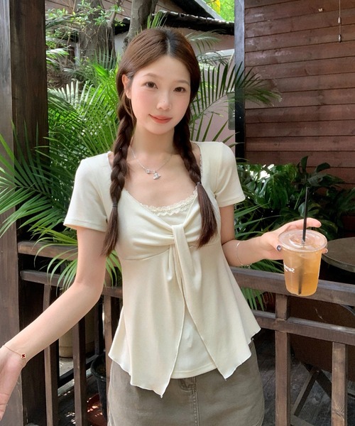 Girly Doll(ガーリードール)の「レイヤード風リボン半袖カットソー(Tシャツ/カットソー・レディース・ベージュ/ピンク/グレー・XL/L)」の14枚目の写真