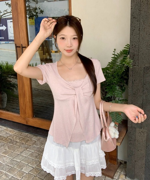 Girly Doll(ガーリードール)の「レイヤード風リボン半袖カットソー(Tシャツ/カットソー・レディース・ベージュ/ピンク/グレー・XL/L)」の7枚目の写真