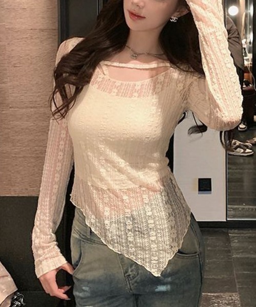 MAISON DE THERESE(メゾン ド テレーズ)の「夏新作レースシアートップス/スリム不規則ヘム フィットシルエット(Tシャツ/カットソー・レディース・White/Beige・FREE)」の6枚目の写真