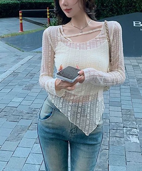 MAISON DE THERESE(メゾン ド テレーズ)の「夏新作レースシアートップス/スリム不規則ヘム フィットシルエット(Tシャツ/カットソー・レディース・White/Beige・FREE)」の22枚目の写真