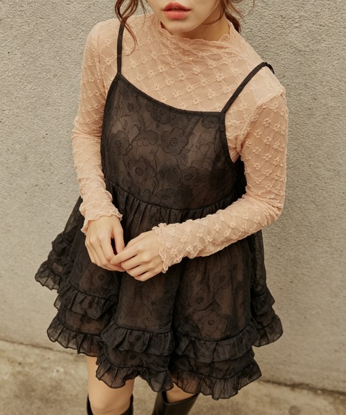 Sibra(シブラ)の「【シアー花柄ジャガード】フリルティアードキャミミニワンピース(ワンピース・レディース・ブルー/ブラック/ホワイト・M)」の14枚目の写真