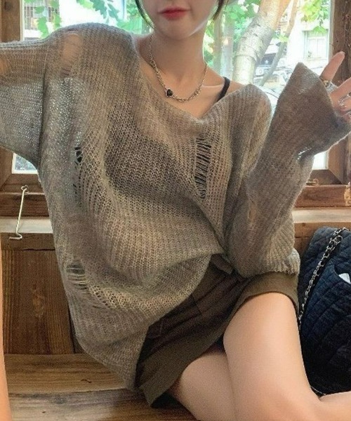 SEU（エスイーユー）の「【小柄さんにおすすめ】ダメージ加工シアーニット 長袖 オーバーサイズ 【オフィスカジュアル】【きれいめカジュアル】 春服 秋服 レディース韓国風（ニット/セーター・レディース・アイボリー/グレー/ピンク・フリー）」の10枚目の写真