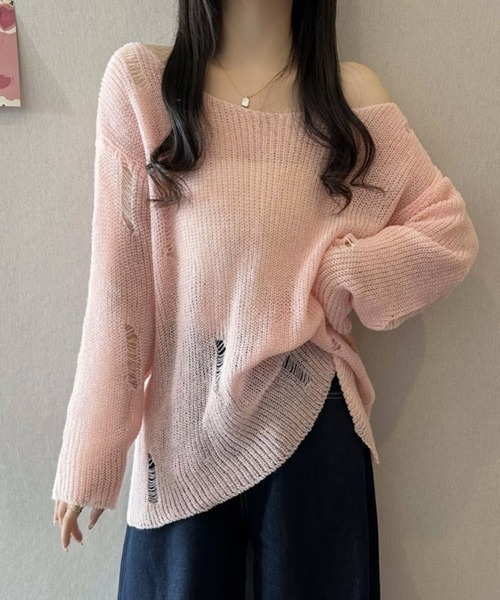 SEU（エスイーユー）の「【小柄さんにおすすめ】ダメージ加工シアーニット 長袖 オーバーサイズ 【オフィスカジュアル】【きれいめカジュアル】 春服 秋服 レディース韓国風（ニット/セーター・レディース・アイボリー/グレー/ピンク・フリー）」の15枚目の写真