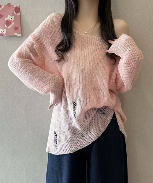 SEU（エスイーユー）の「【小柄さんにおすすめ】ダメージ加工シアーニット 長袖 オーバーサイズ 【オフィスカジュアル】【きれいめカジュアル】 春服 秋服 レディース韓国風（ニット/セーター・レディース・アイボリー/グレー/ピンク・フリー）」の16枚目の写真
