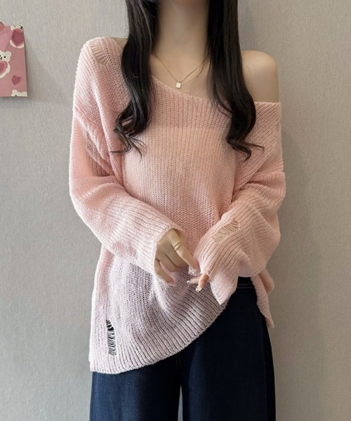SEU（エスイーユー）の「【小柄さんにおすすめ】ダメージ加工シアーニット 長袖 オーバーサイズ 【オフィスカジュアル】【きれいめカジュアル】 春服 秋服 レディース韓国風（ニット/セーター・レディース・アイボリー/グレー/ピンク・フリー）」の17枚目の写真