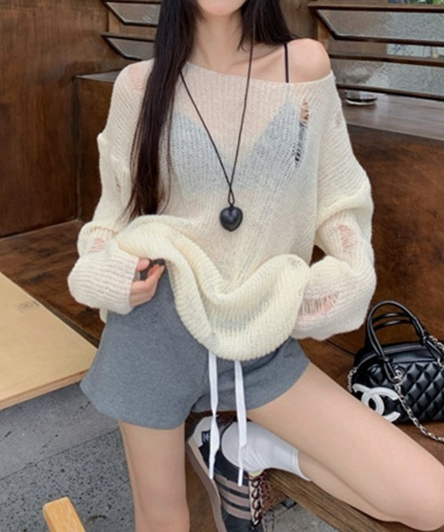 SEU（エスイーユー）の「【小柄さんにおすすめ】ダメージ加工シアーニット 長袖 オーバーサイズ 【オフィスカジュアル】【きれいめカジュアル】 春服 秋服 レディース韓国風（ニット/セーター・レディース・アイボリー/グレー/ピンク・フリー）」の20枚目の写真