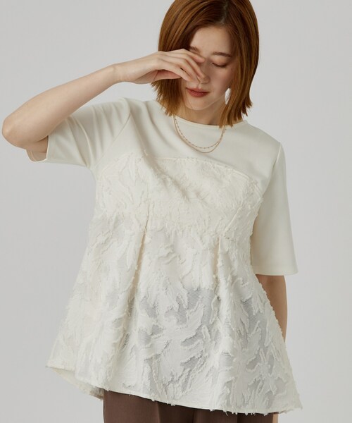 grove(グローブ)の「【着映え◎・体系カバー】ジャカードドッキングカットソー(Tシャツ/カットソー・レディース・オフホワイト/ブラウン系その他・03/02/01/05/04)」の1枚目の写真