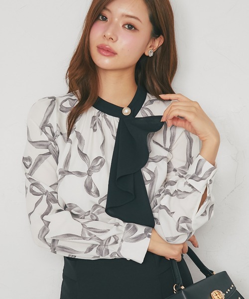 tocco closet(トッコ クローゼット)の「【ZOZO限定】リボンプリント配色フリルボウタイ長袖ブラウス(シャツ/ブラウス・レディース・ブラック/オフホワイト・M)」の7枚目の写真