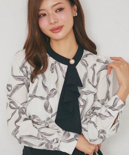tocco closet(トッコ クローゼット)の「【ZOZO限定】リボンプリント配色フリルボウタイ長袖ブラウス(シャツ/ブラウス・レディース・ブラック/オフホワイト・M)」の8枚目の写真