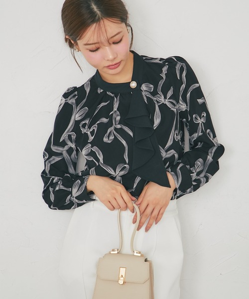 tocco closet(トッコ クローゼット)の「【ZOZO限定】リボンプリント配色フリルボウタイ長袖ブラウス(シャツ/ブラウス・レディース・ブラック/オフホワイト・M)」の10枚目の写真