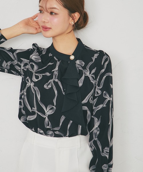 tocco closet(トッコ クローゼット)の「【ZOZO限定】リボンプリント配色フリルボウタイ長袖ブラウス(シャツ/ブラウス・レディース・ブラック/オフホワイト・M)」の11枚目の写真