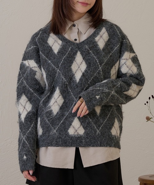 raffime(ラフィミー)の「【Raffime】アーガイルVネックニット(ニット/セーター・レディース・グレー/ベージュ・フリー)」の21枚目の写真