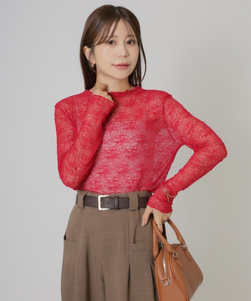 Riberry(リベリー)の「総レースシアートップス(Tシャツ/カットソー・レディース・レッド/ブラック/ブラウン/アイボリー・MEDIUM)」の4枚目の写真
