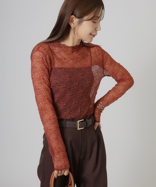 Riberry(リベリー)の「総レースシアートップス(Tシャツ/カットソー・レディース・レッド/ブラック/ブラウン/アイボリー・MEDIUM)」の13枚目の写真