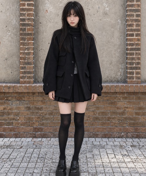 Aelina(エリナ)の「オープンカラーシングルブレストラグランスリーブオーバーサイズポケットメルトンコート(その他アウター・レディース・ブラック/チャコールグレー・FREE)」の11枚目の写真