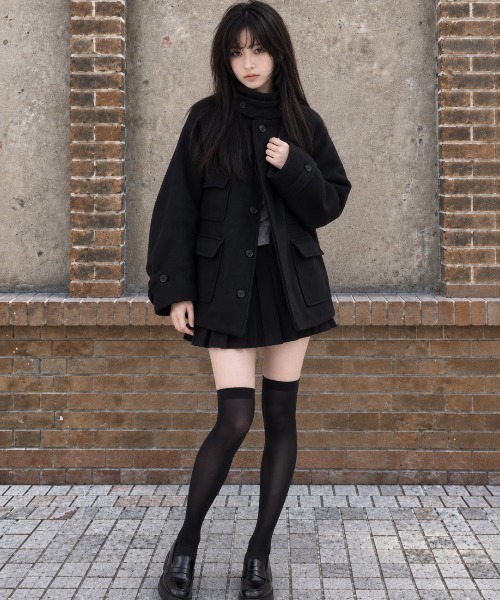 Aelina(エリナ)の「オープンカラーシングルブレストラグランスリーブオーバーサイズポケットメルトンコート(その他アウター・レディース・ブラック/チャコールグレー・FREE)」の10枚目の写真