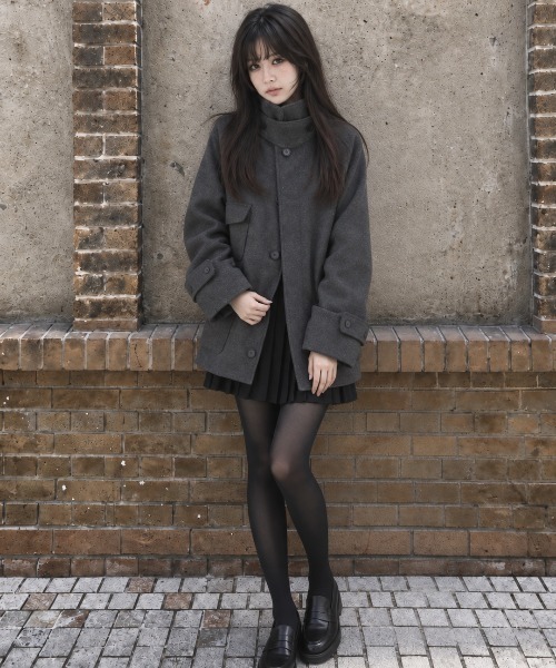 Aelina(エリナ)の「オープンカラーシングルブレストラグランスリーブオーバーサイズポケットメルトンコート(その他アウター・レディース・ブラック/チャコールグレー・FREE)」の3枚目の写真
