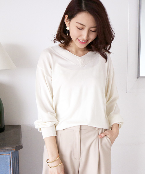 N.（N. Natural Beauty Basic）（エヌエヌナチュラルビューティーベーシック）の「コットンモダールⅢVネックニット（ニット/セーター・レディース・イエロー/パープル/ネイビー/ホワイト/グリーン・MEDIUM）」の2枚目の写真