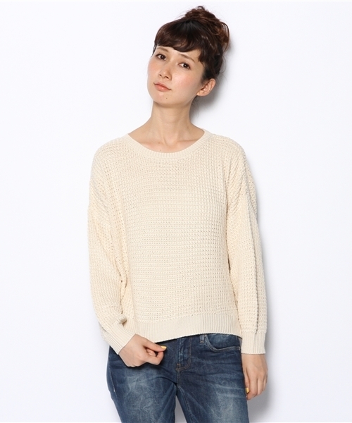 mystic（ミスティック）の「ショートワッフルプルオーバー（ニット/セーター・レディース・ブルー/アイボリー/キャメル/ブラック/グレー・ﾌﾘ-）」の12枚目の写真